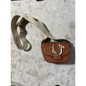 True Religion Tan Crossbody Bag With Gold Logo & Adjustable Canvas Strap